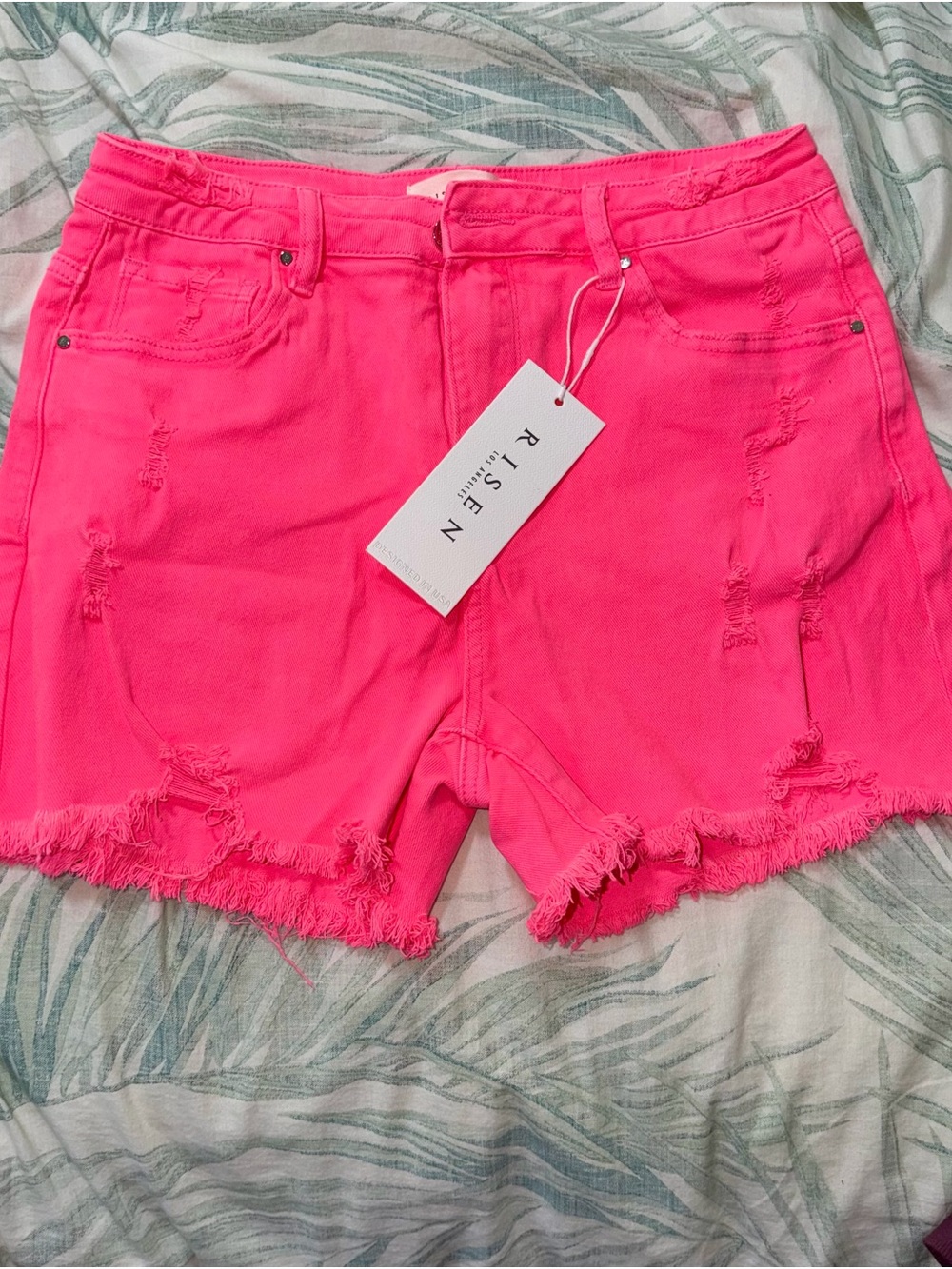Risen Neon Pink Distressed Denim Shorts